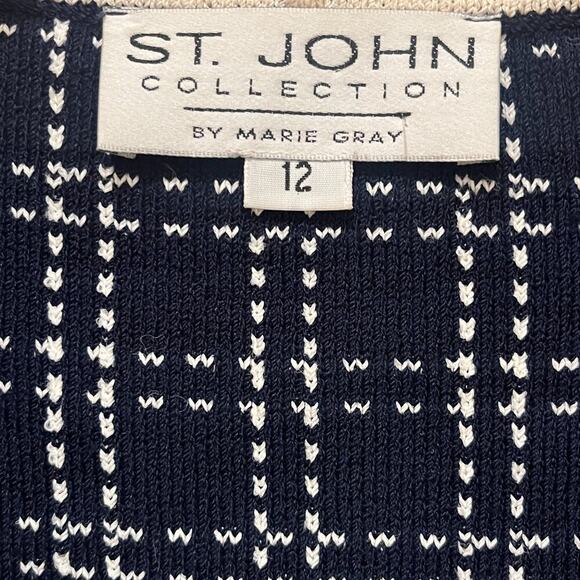 St John Collection Vintage Blue/ White Windowpane Plaid Knit Button Sweater 12 - Picture 7 of 7